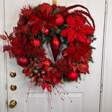 Load image into Gallery viewer, Festive Red Christmas Wreath with Poinsettias and Ornaments
