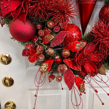 Load image into Gallery viewer, Festive Red Christmas Wreath with Poinsettias and Ornaments
