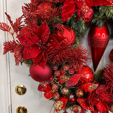 Load image into Gallery viewer, Festive Red Christmas Wreath with Poinsettias and Ornaments
