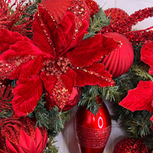 Load image into Gallery viewer, Festive Red Christmas Wreath with Poinsettias and Ornaments
